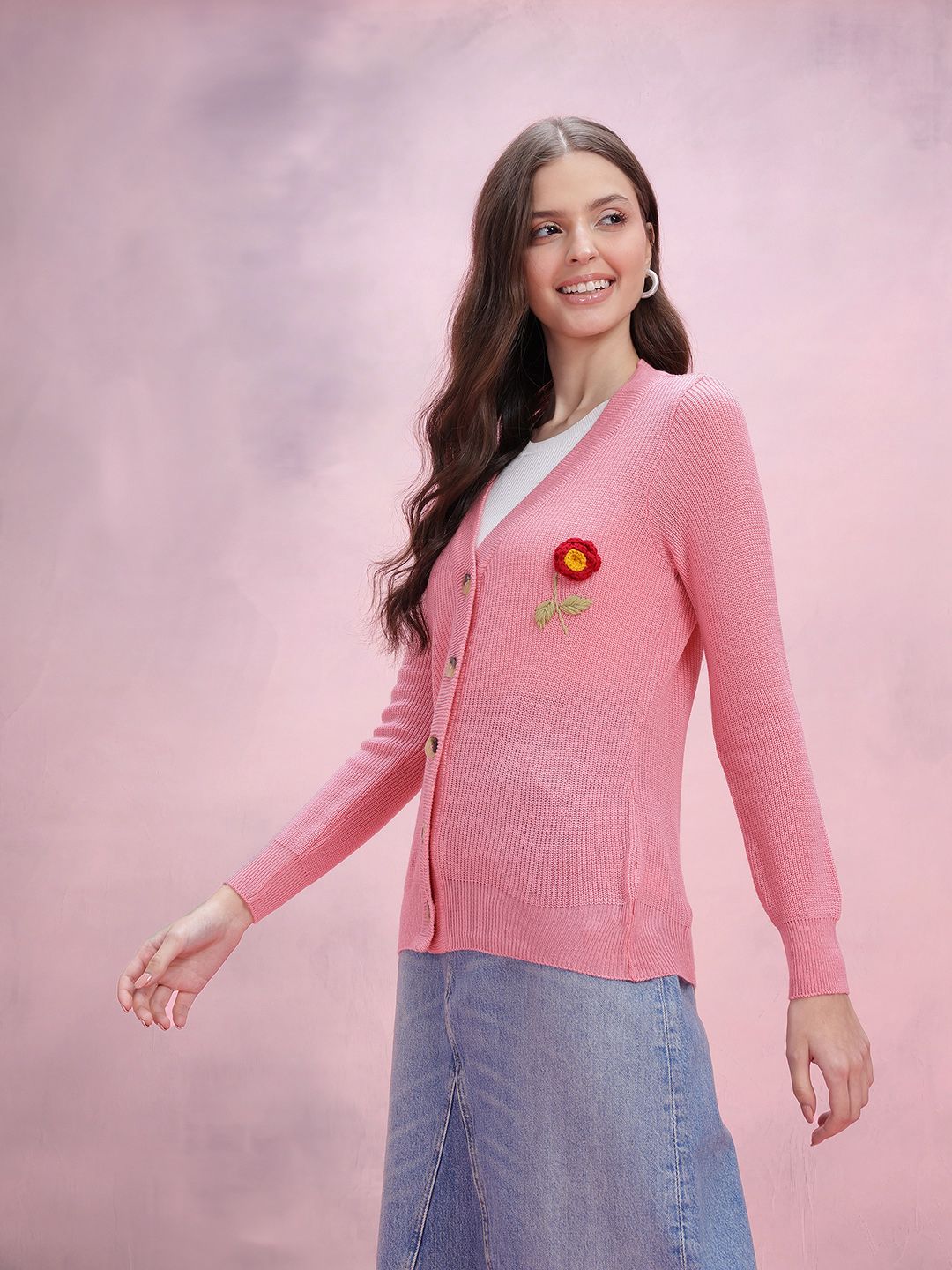 DressBerry Women Ribbed Floral Crochet Acrylic Cardigan