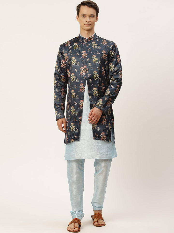 SOJANYA Men Blue Solid Kurta with Churidar & Ethnic Jacket