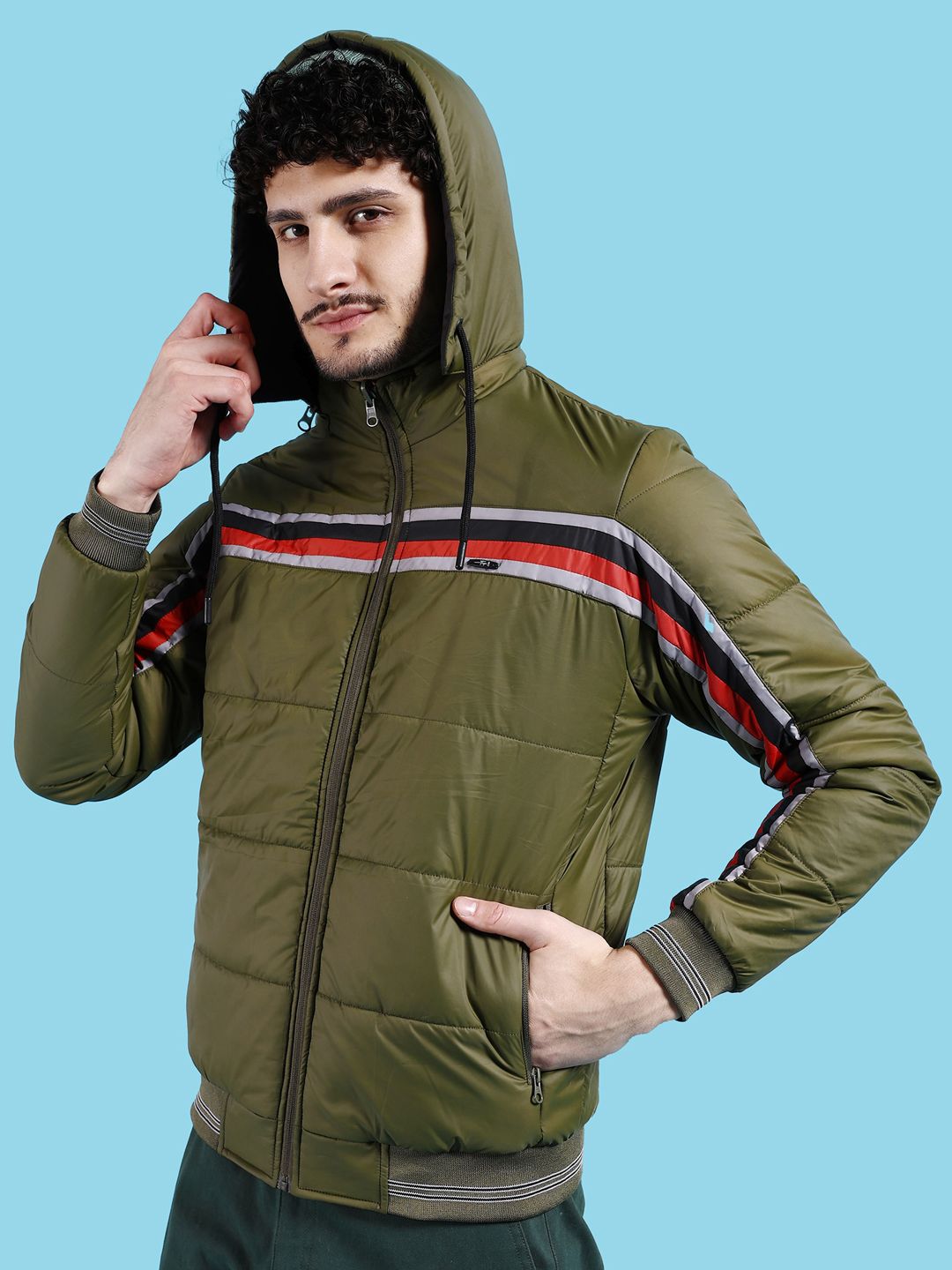 The Indian Garage Co Olive Green & Black Hooded Reversible Puffer Jacket