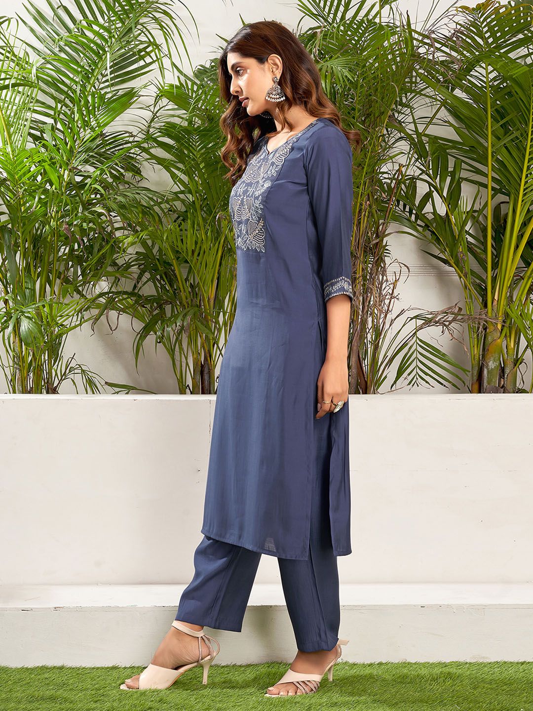 KALINI Ethnic Motifs Yoke Design Sequinned Straight Kurta with Trousers & Dupatta