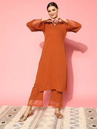 Varanga Rust Flared Sleeve Organza detailed V Neck Textured Kurta with Palazzo