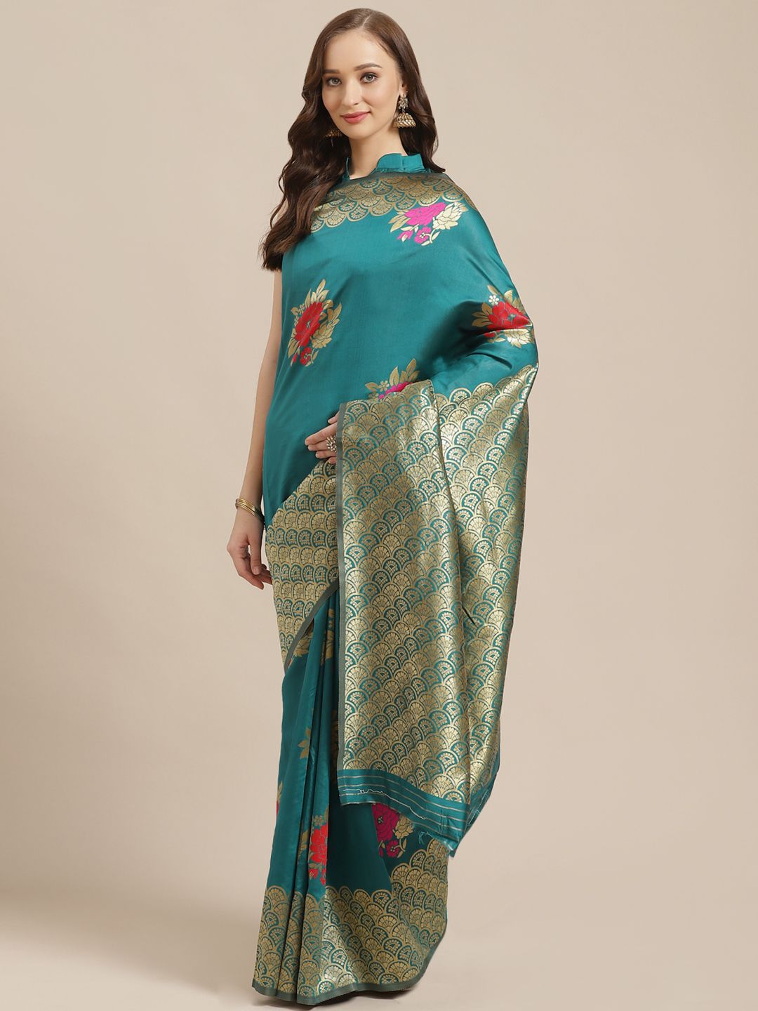 Saree mall Green & Golden Floral Woven Design Banarasi Saree