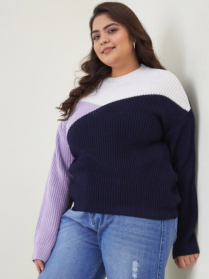 CURVY STREET Women Plus Size Colourblocked Acrylic Pullover