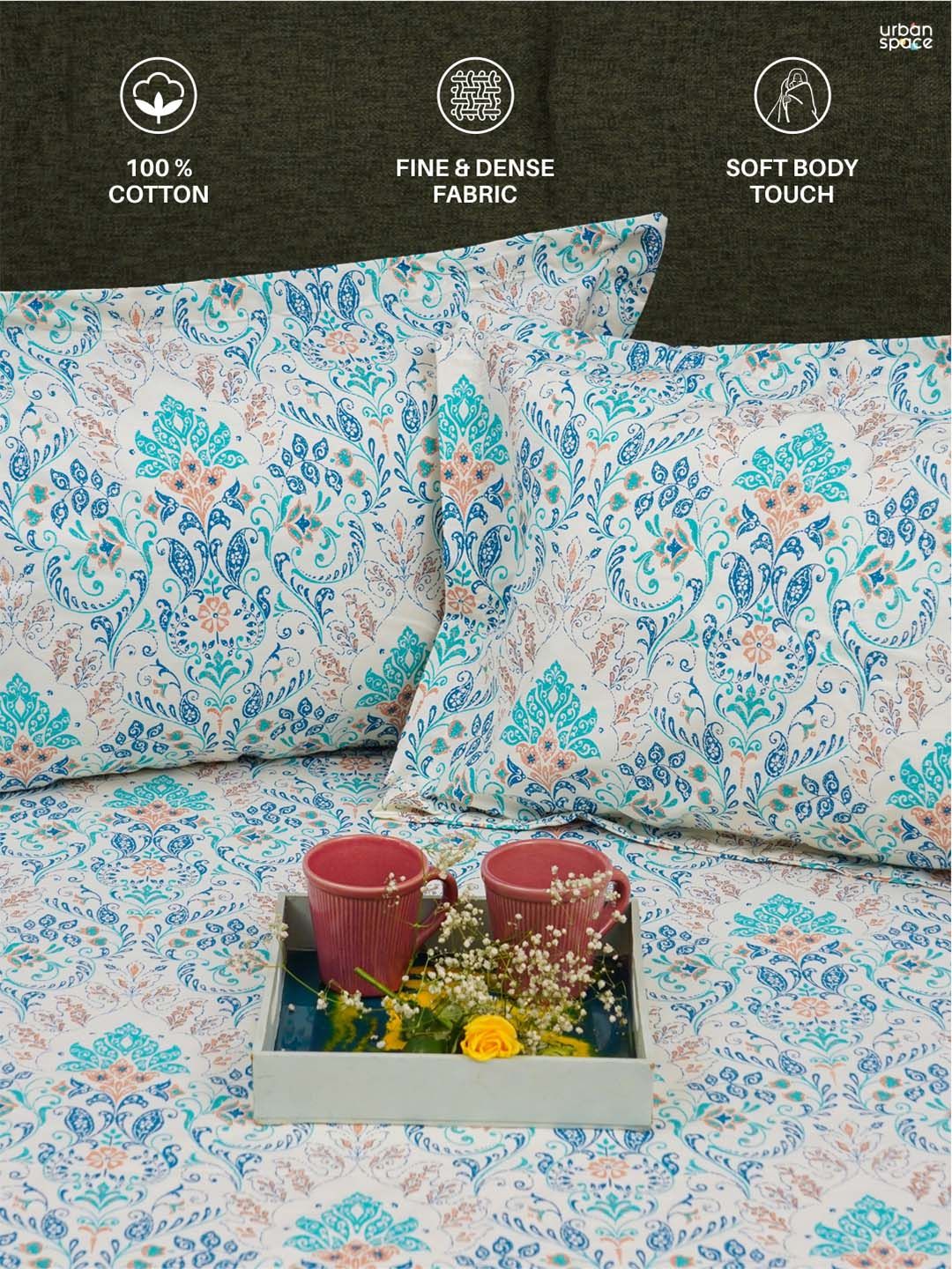 URBAN SPACE Serene White & Blue Printed Cotton 200 TC Single Bedsheet with Pillow Cover