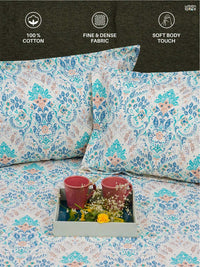 URBAN SPACE Serene White & Blue Printed Cotton 200 TC Single Bedsheet with Pillow Cover