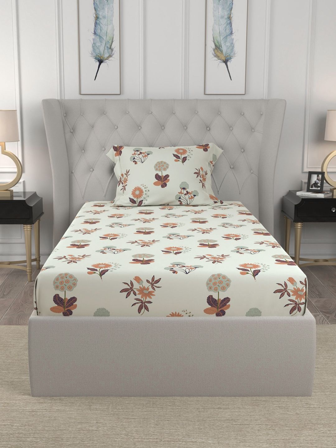URBAN SPACE Radiance Grey 200 TC Floral Single Bedsheet