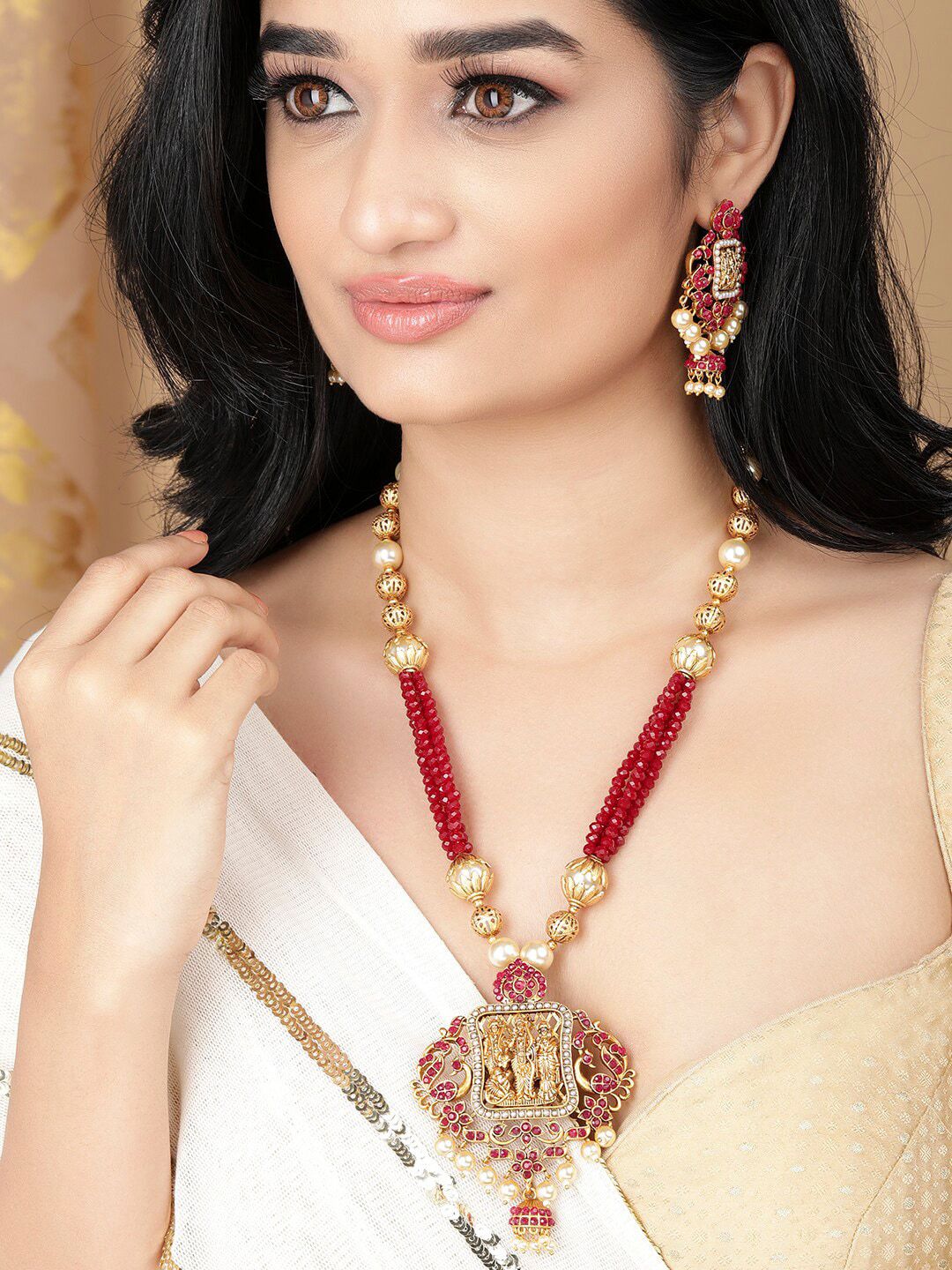 Rubans Gold-Plated & Red Stone-Studded & Pearl Beaded Handcrafted Jewellery Set
