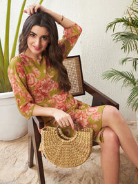 SASSAFRAS Green Floral Printed Puff Sleeve Ruched Georgette Sheath Dress