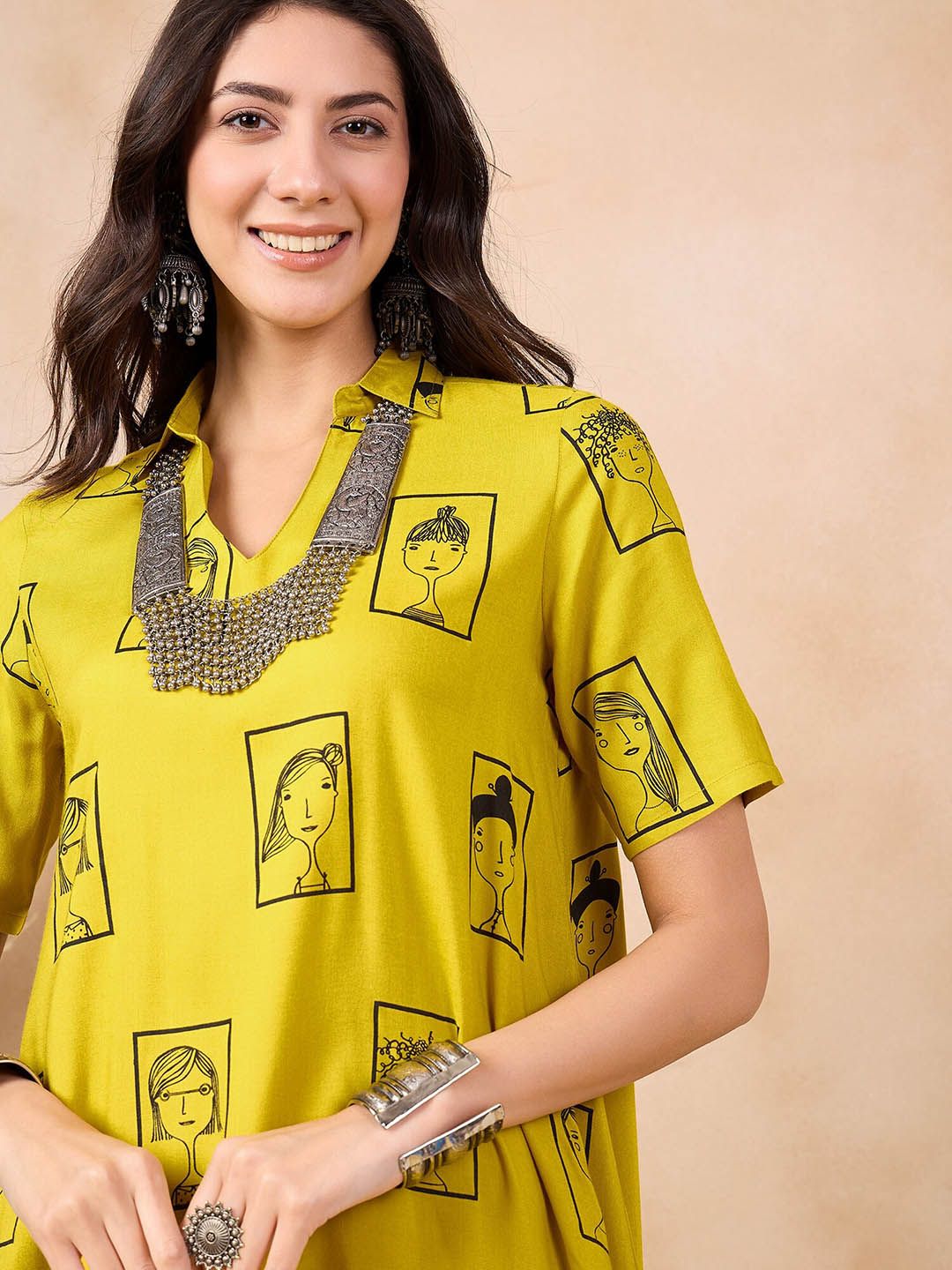 Anouk Mustard Yellow Ethnic Motifs Dicetak Shirt Collar A-Line Kurta