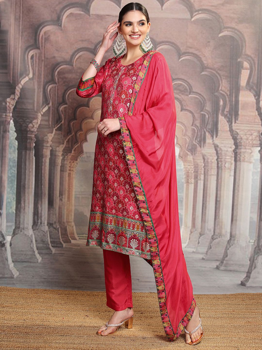 Vishudh Red Ethnic Motifs Printed Straight Kurta With Trousers & Dupatta