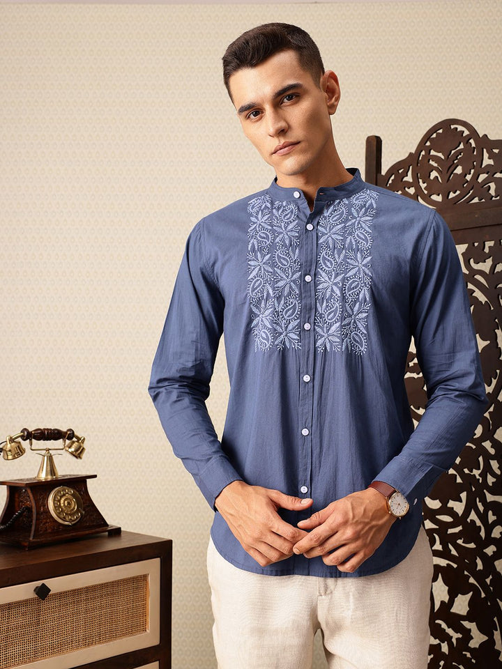 House of Pataudi Floral Embroidered Pure Cotton Jashn Casual Shirt