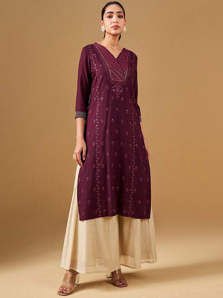 Global Desi Ethnic Motifs Printed V-Neck A-Line Kurta