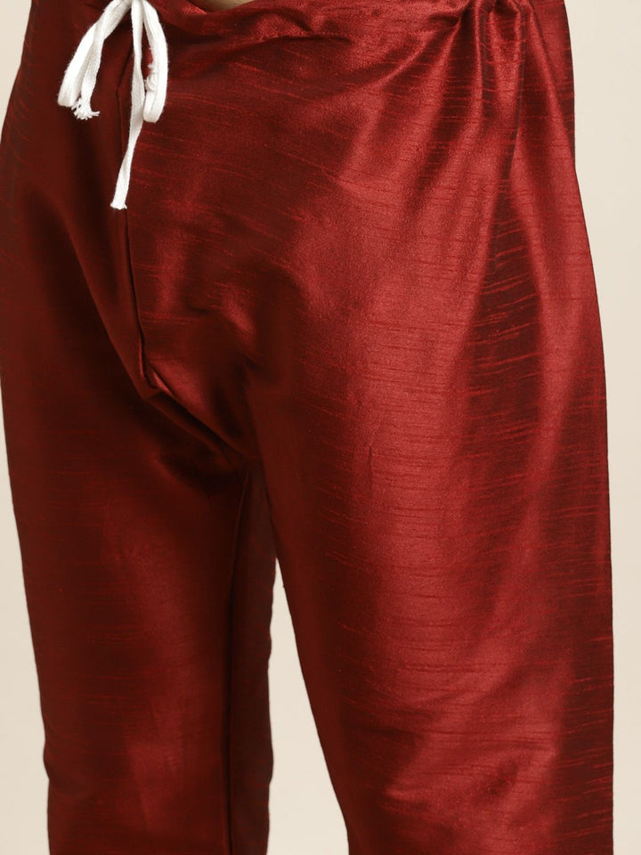 SOJANYA Men Maroon & Beige Kurta with Churidar & Printed Nehru Jacket