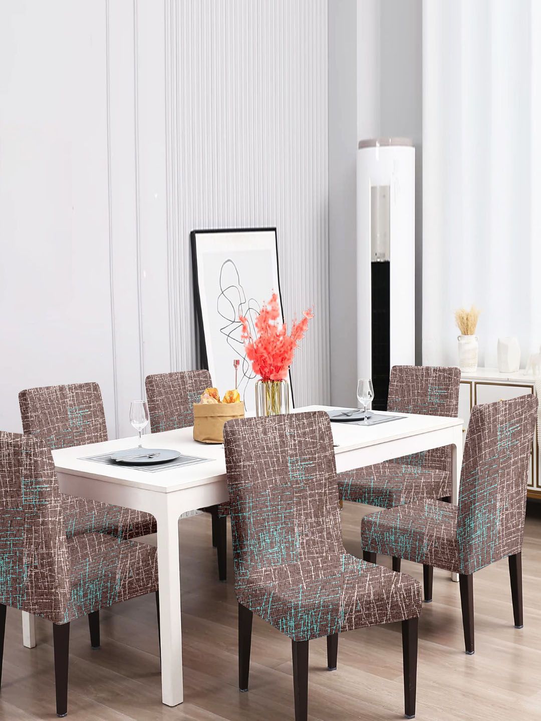 Cortina Brown 6-Pieces Abstract Printed Chair Covers