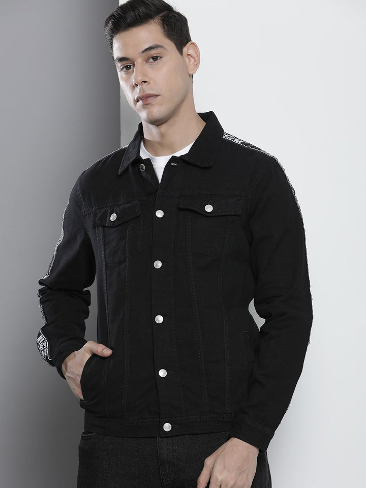 The Indian Garage Co Men Black Typography Lightweight Cotton Denim Jacket