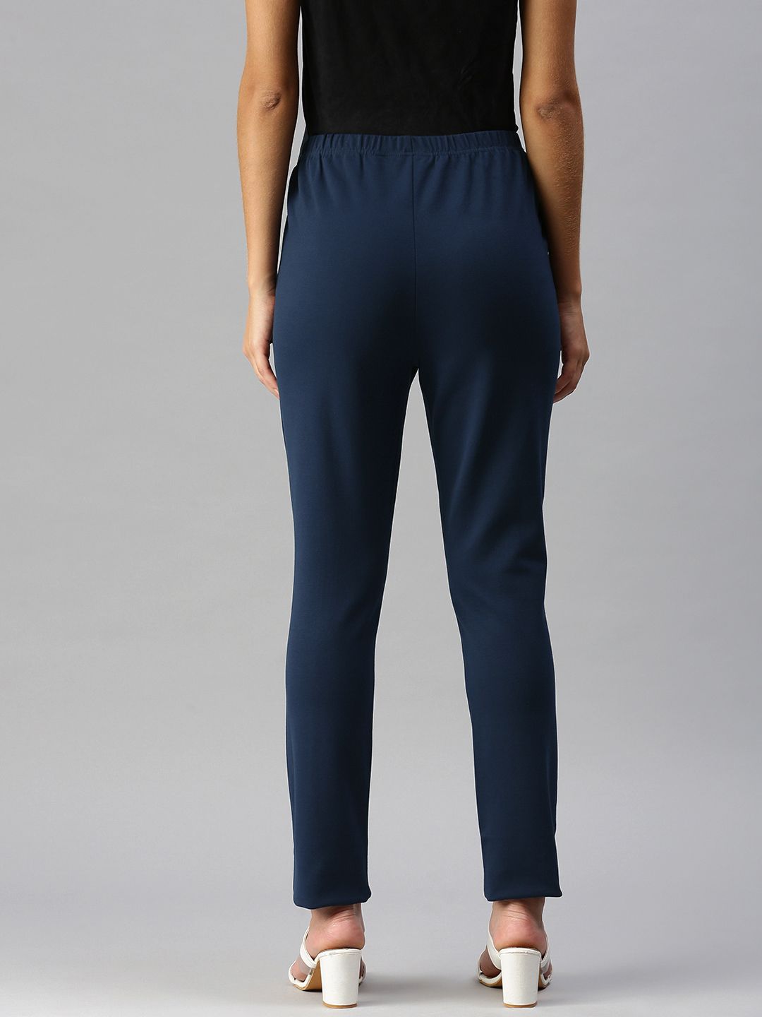 Global Desi Women Blue Solid Tapered Fit Cigarette Trousers