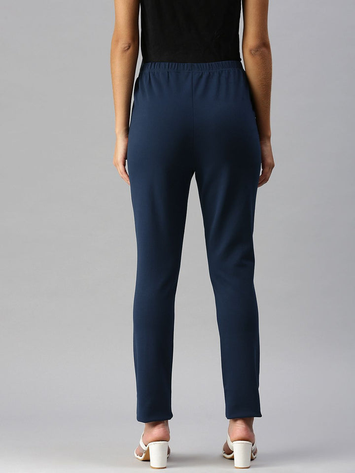 Global Desi Women Blue Solid Tapered Fit Cigarette Trousers