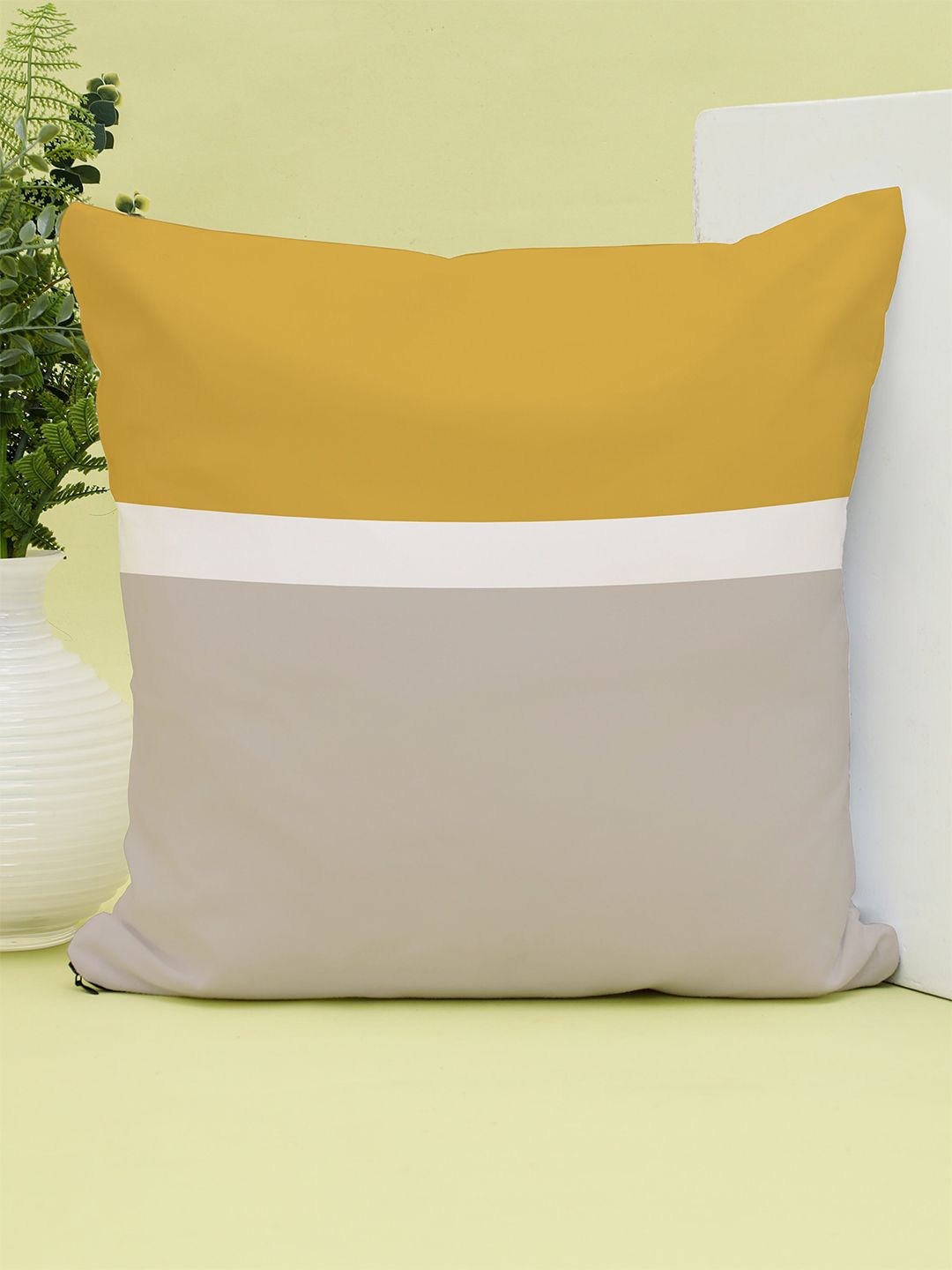 STITCHNEST Yellow & White Colourblocked 16" x 16" Square Cushion Cover