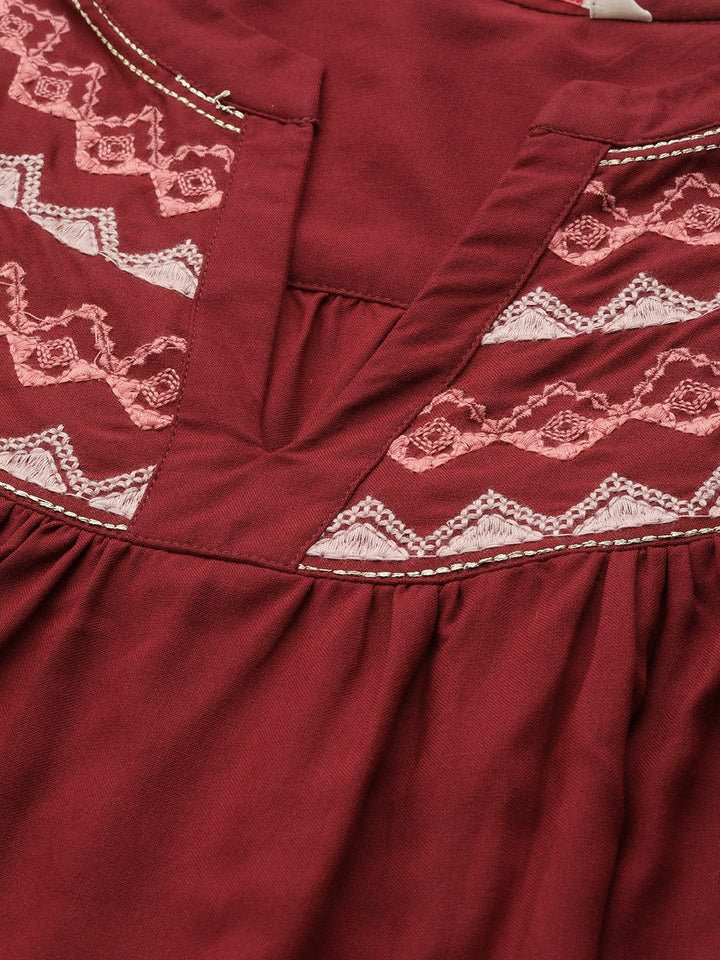 all about you Maroon Solid Regular Top With Embroidered Detail