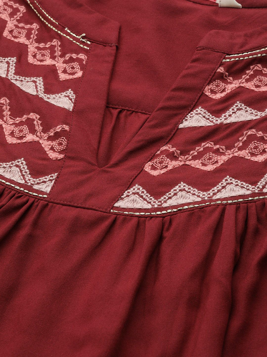 all about you Maroon Solid Regular Top With Embroidered Detail