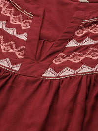 all about you Maroon Solid Regular Top With Embroidered Detail