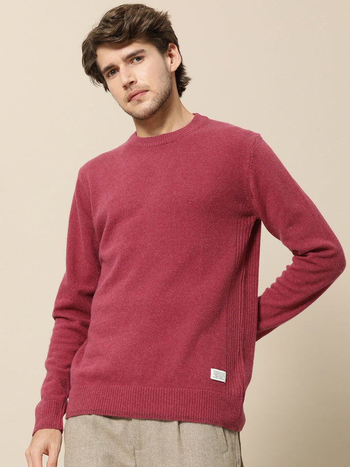 Mr Bowerbird Men Magenta Solid Round-Neck Pullover Sweater