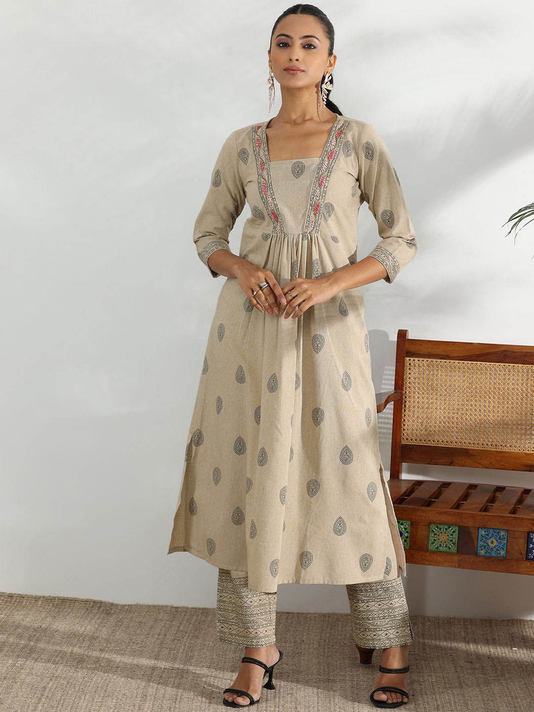 Libas Beige and Black Ethnic Motifs Printed Pleated Sequinned A-Line Kurta with Trousers