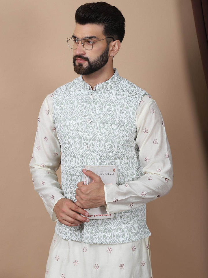 Anouk Cream-Coloured Floral Embroidered Cotton Silk Kurta with Churidar & Nehru Jacket