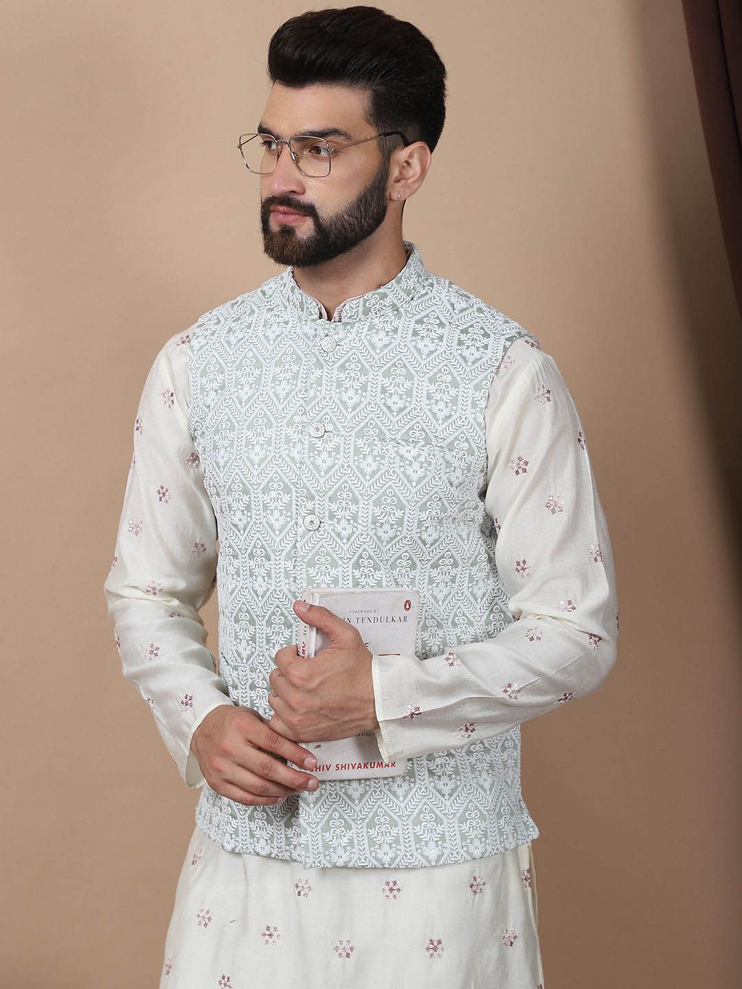 Anouk Cream-Coloured Floral Embroidered Cotton Silk Kurta with Churidar & Nehru Jacket