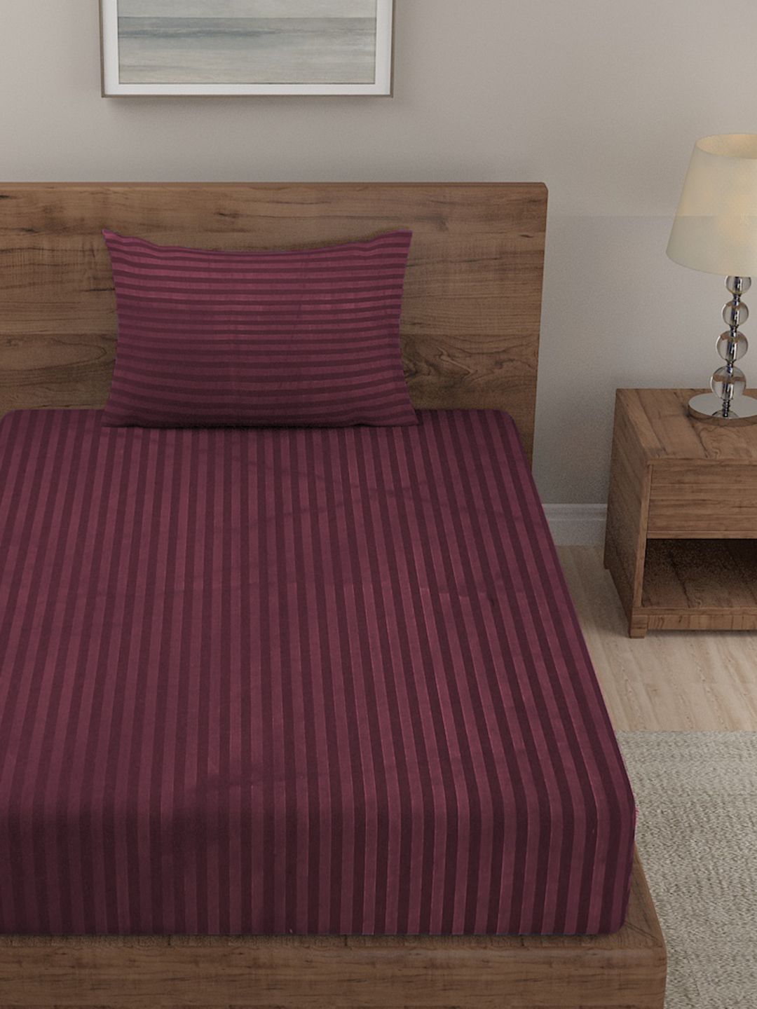 HOSTA HOMES Purple Striped Fitted 280 TC Single Bedsheet with 1 Pillow Covers
