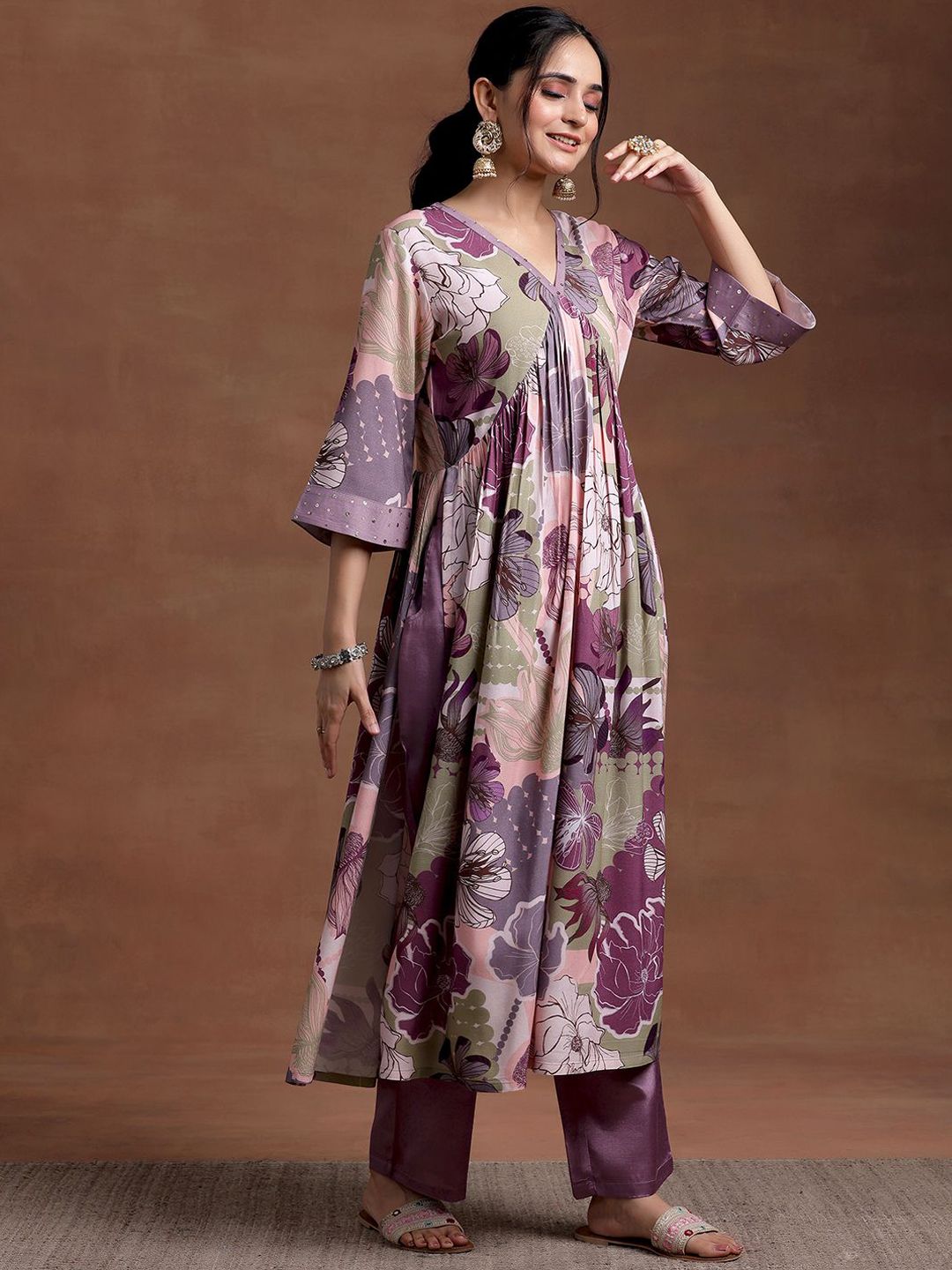 Libas V Neck Flared Sleeves Floral Printed Pleated A Line Kurta with Trouser