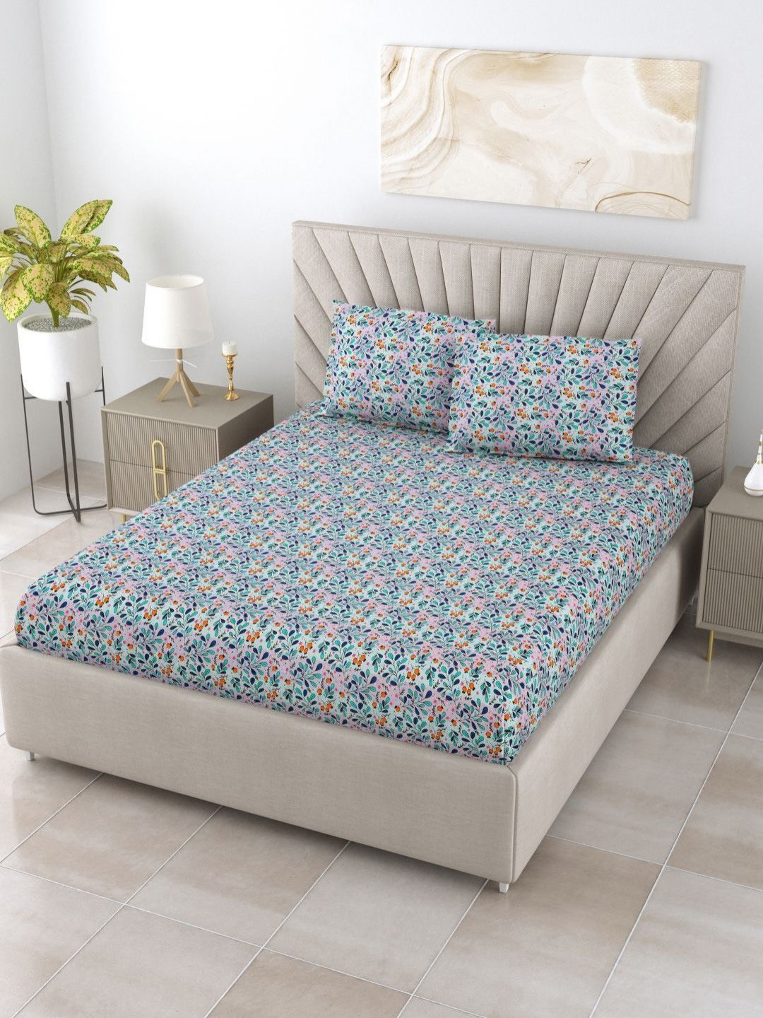 BOMBAY DYEING Dream Lover Blue Floral Printed Cotton 104TC Queen Bedsheet Set 2.54 x 2.24m