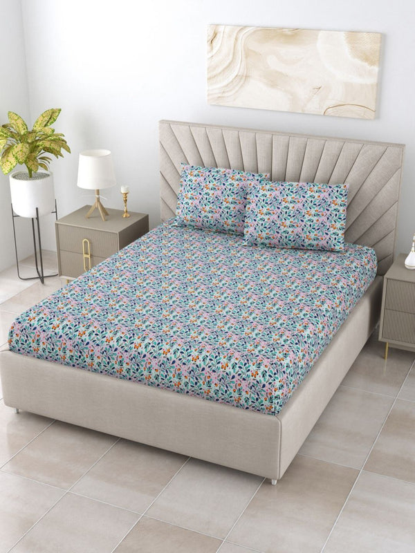 BOMBAY DYEING Dream Lover Blue Floral Printed Cotton 104TC Queen Bedsheet Set 2.54 x 2.24m