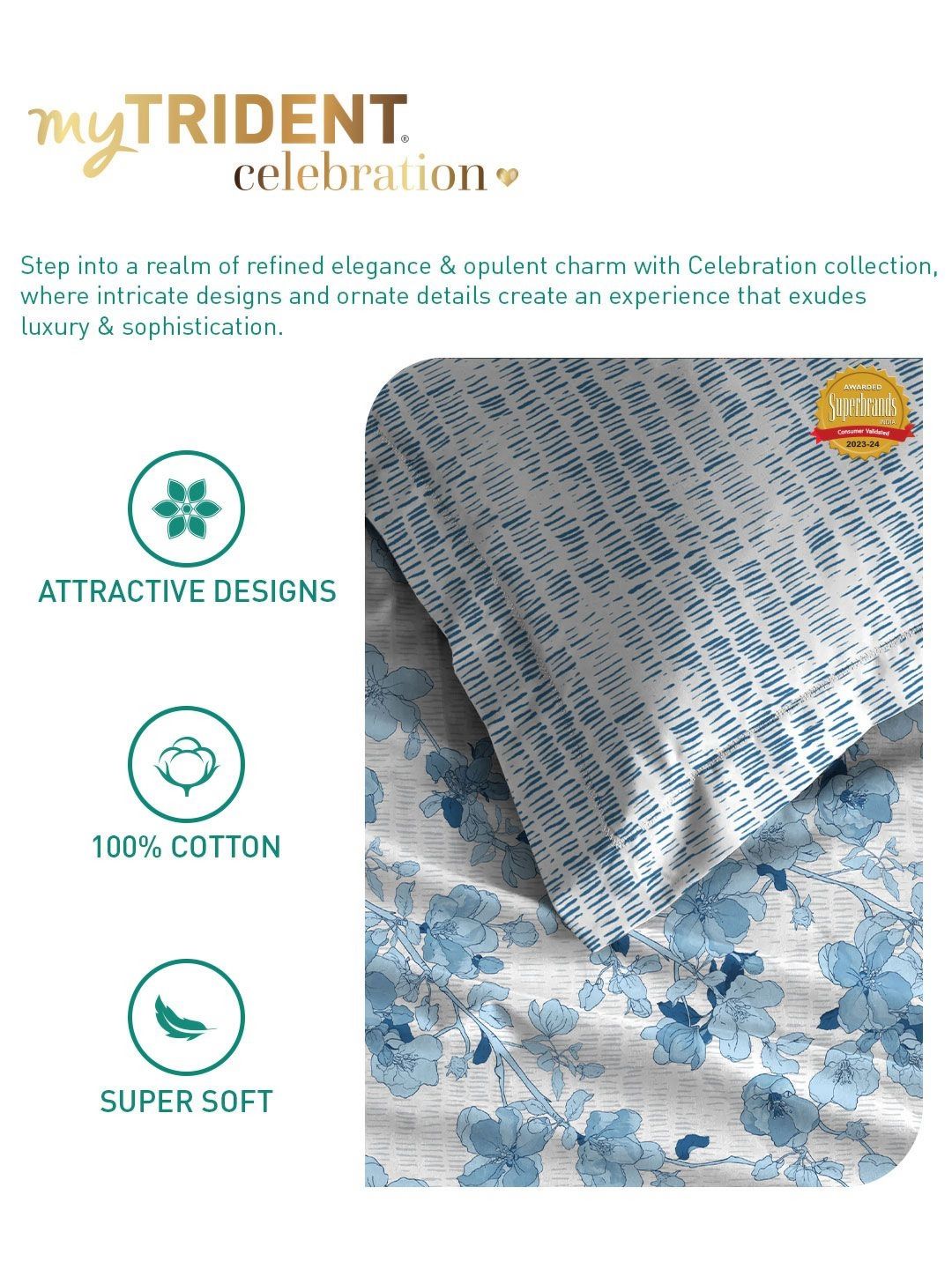 TRIDENT Shabnam Blue Celebration Flat 144TC Queen Cotton Bedsheet Set
