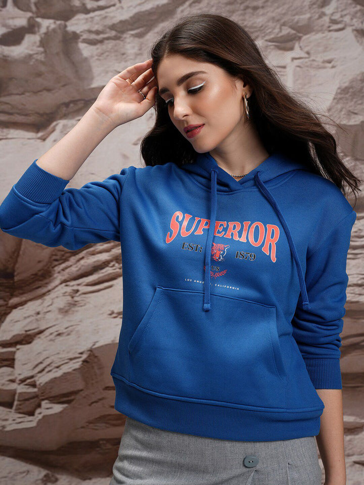 Tokyo Talkies Blue Typography Printed Hooded Relaxed Fit Sweatshirt