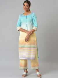 AURELIA Women Blue & Cream Ombre Printed Kurta with Trousers