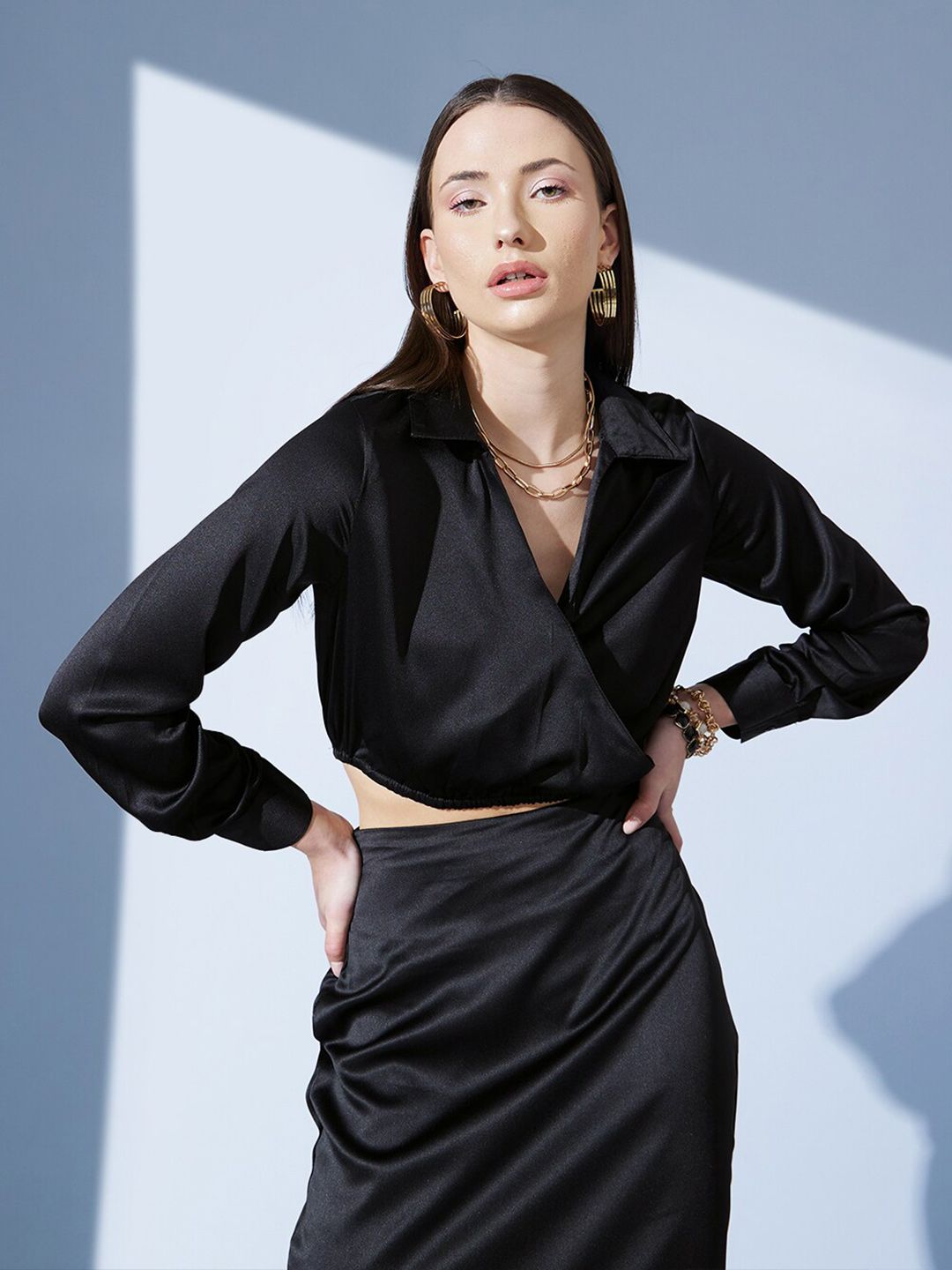 STREET 9 Black Shirt Collar Cuffed Sleeves Crop Top
