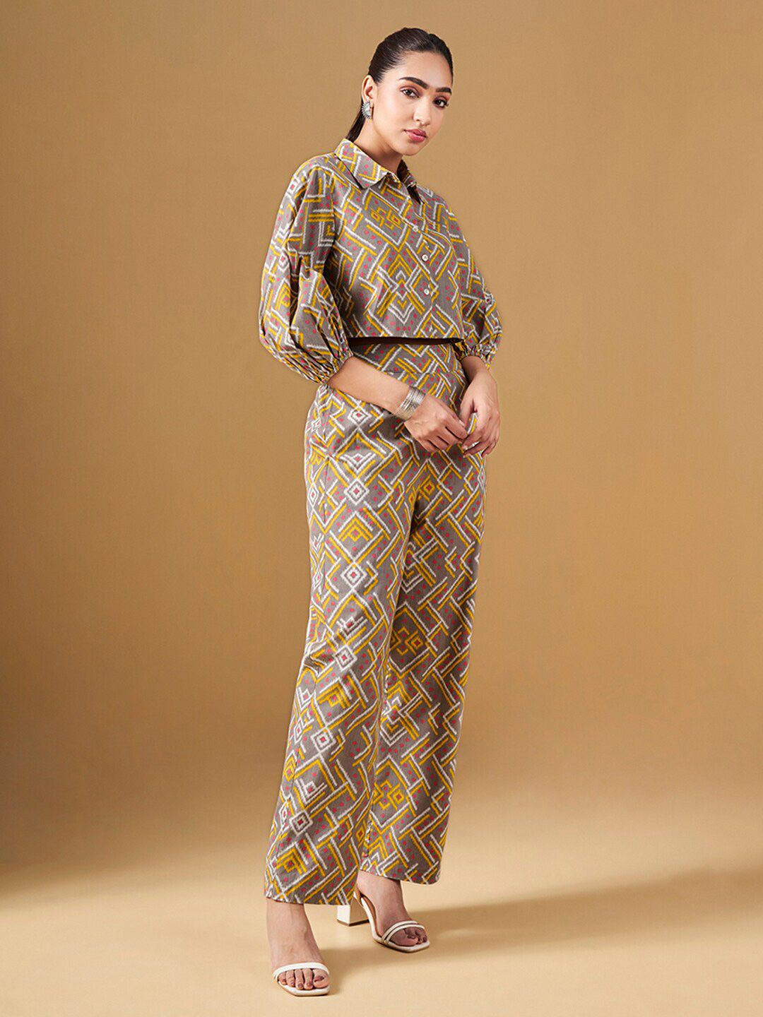 Global Desi Geometric Printed Pure Cotton Shirt With Trousers