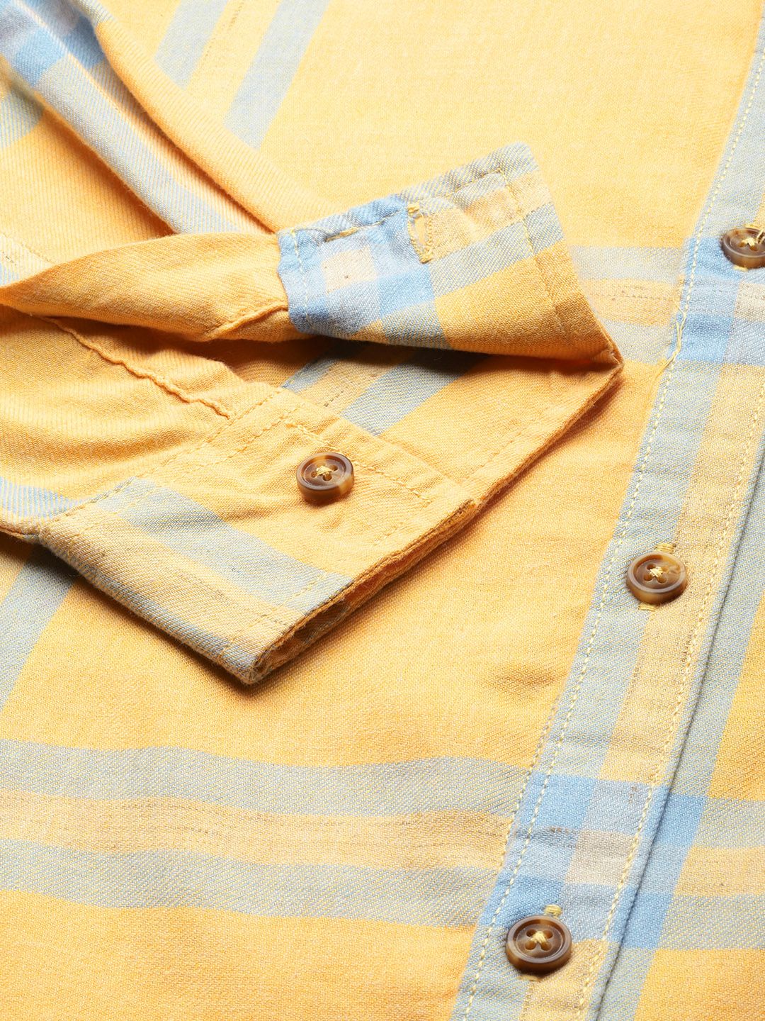 The Indian Garage Co Men Yellow & Blue Checked Pure Cotton Casual Shirt