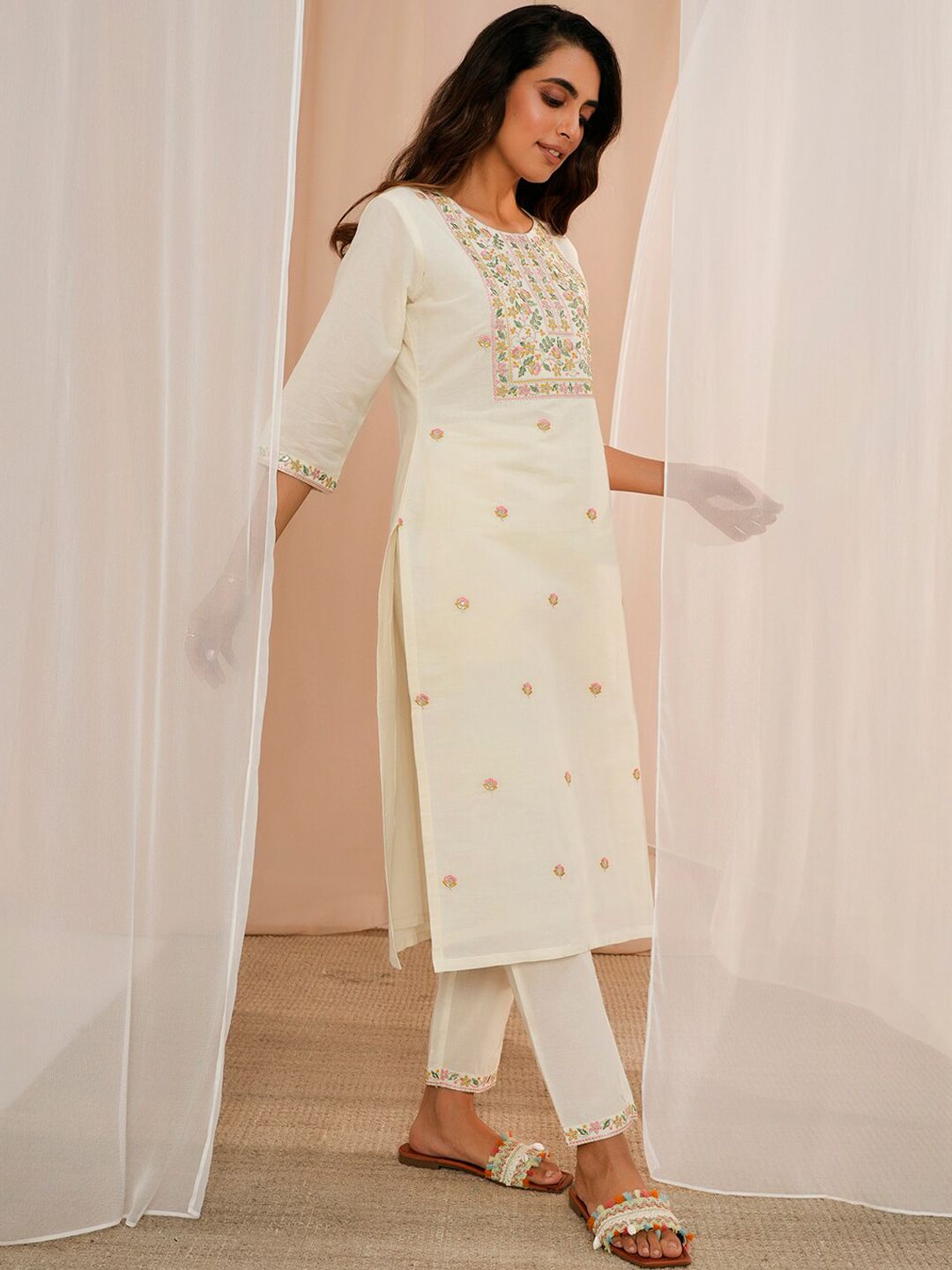 Libas Floral Embroidered Regular Thread Work Pure Cotton Kurta With Trousers & Dupatta