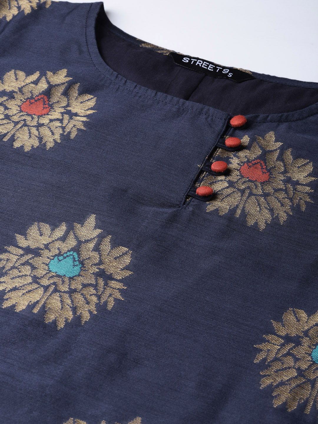 STREET 9 Women Navy Blue & Beige Self Design Kurta with Trousers