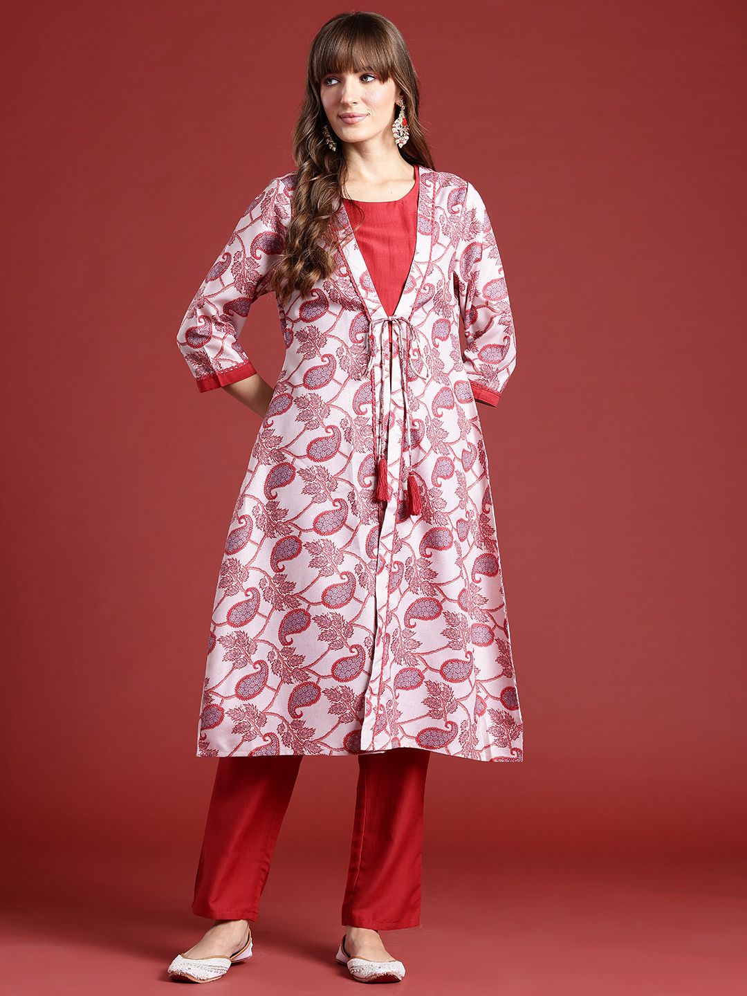 Anouk Ethnic Motifs Print Layered Kurta with Trousers & Top