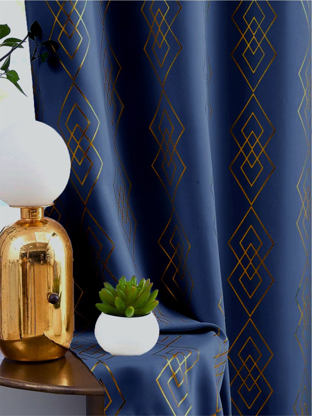 URBAN SPACE Navy Blue & Gold-Toned Geometric Printed Black Out Long Door Curtain