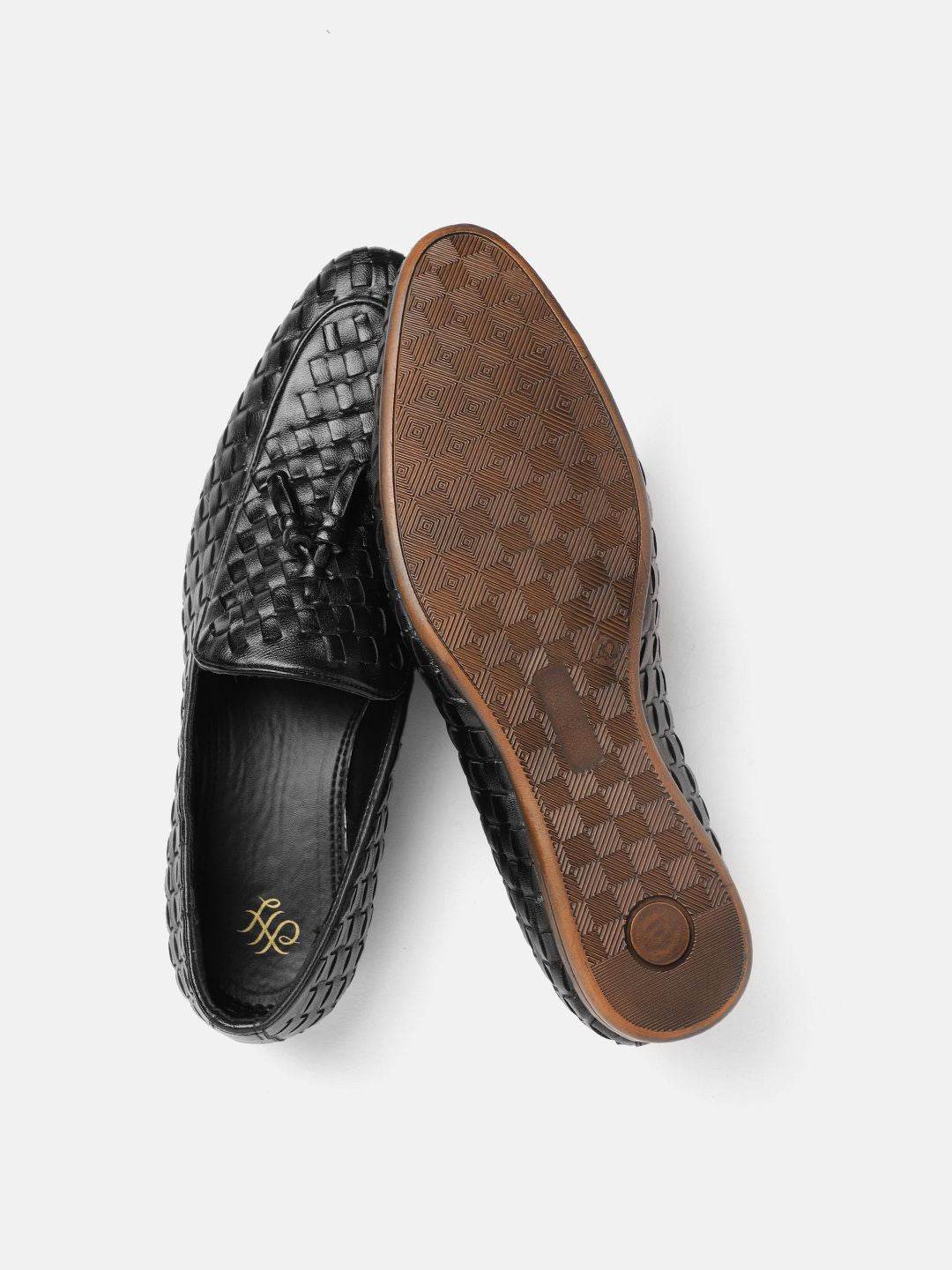 House of Pataudi Men Black Basketweave Handcrafted Tasselled Leather Loafers