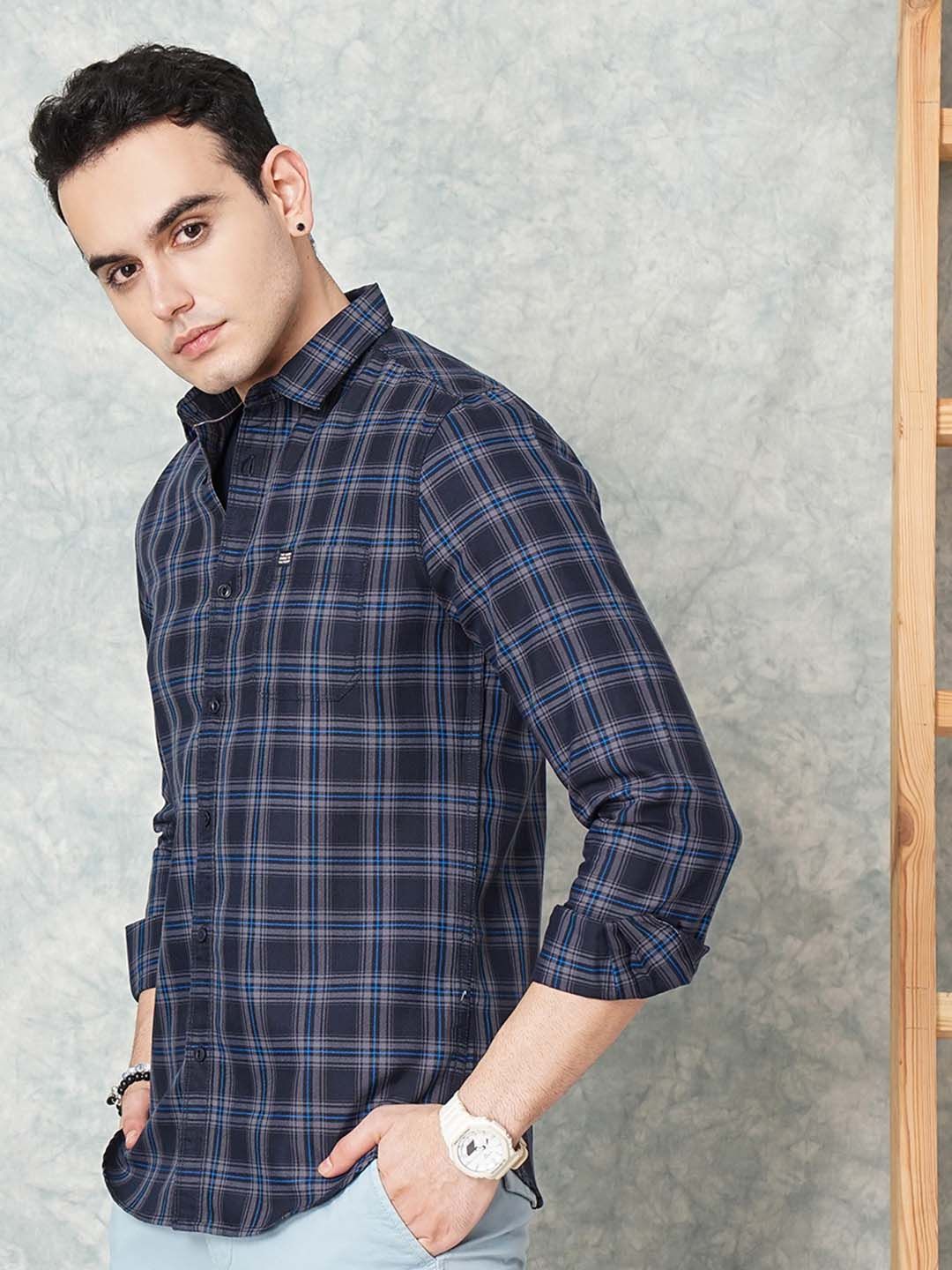 The Indian Garage Co Men Navy Blue Slim Fit Tartan Checks Casual Shirt