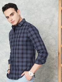 The Indian Garage Co Men Navy Blue Slim Fit Tartan Checks Casual Shirt