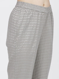 Vishudh Women Grey Striped Regular Pure Cotton Kurta with Trousers
