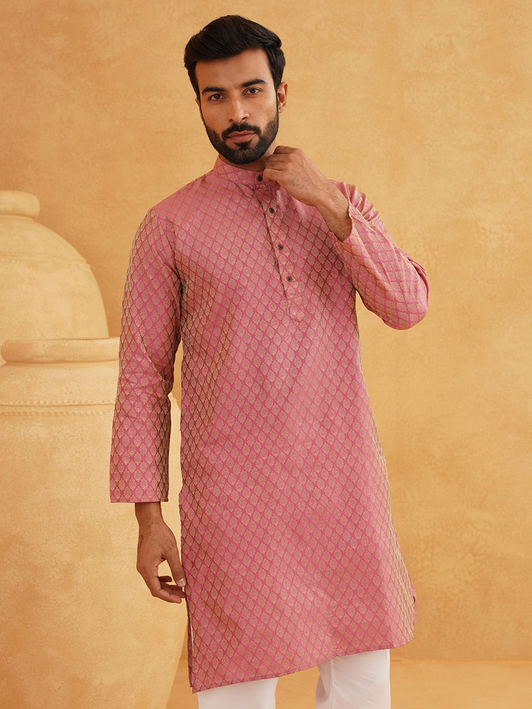 SOJANYA Woven Design Mandarin Collar Silk Cotton Kurta