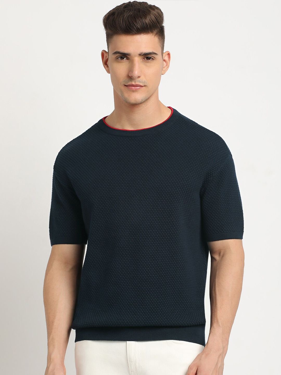 THE BEAR HOUSE Self Design Round Neck Drop-Shoulder Sleeves Cotton T-shirt