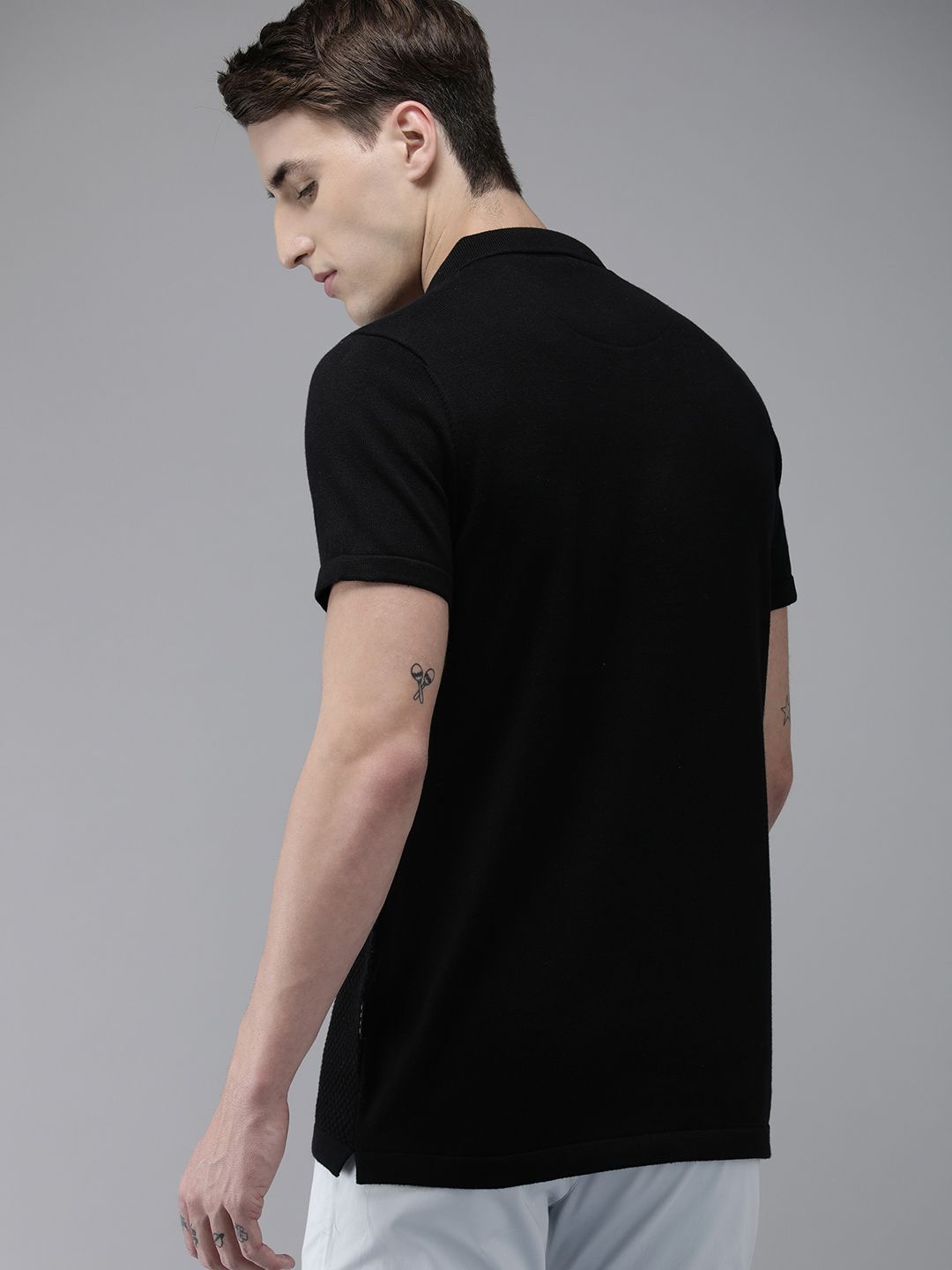 THE BEAR HOUSE Ardor Edition Men Black Self Design Cotton Polo Collar Slim Fit T-shirt